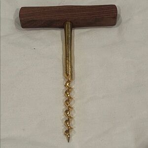 Mid Century Modern Wood Handle and Brass Swirl Worm Corkscrew. 70’s Bar Tool.